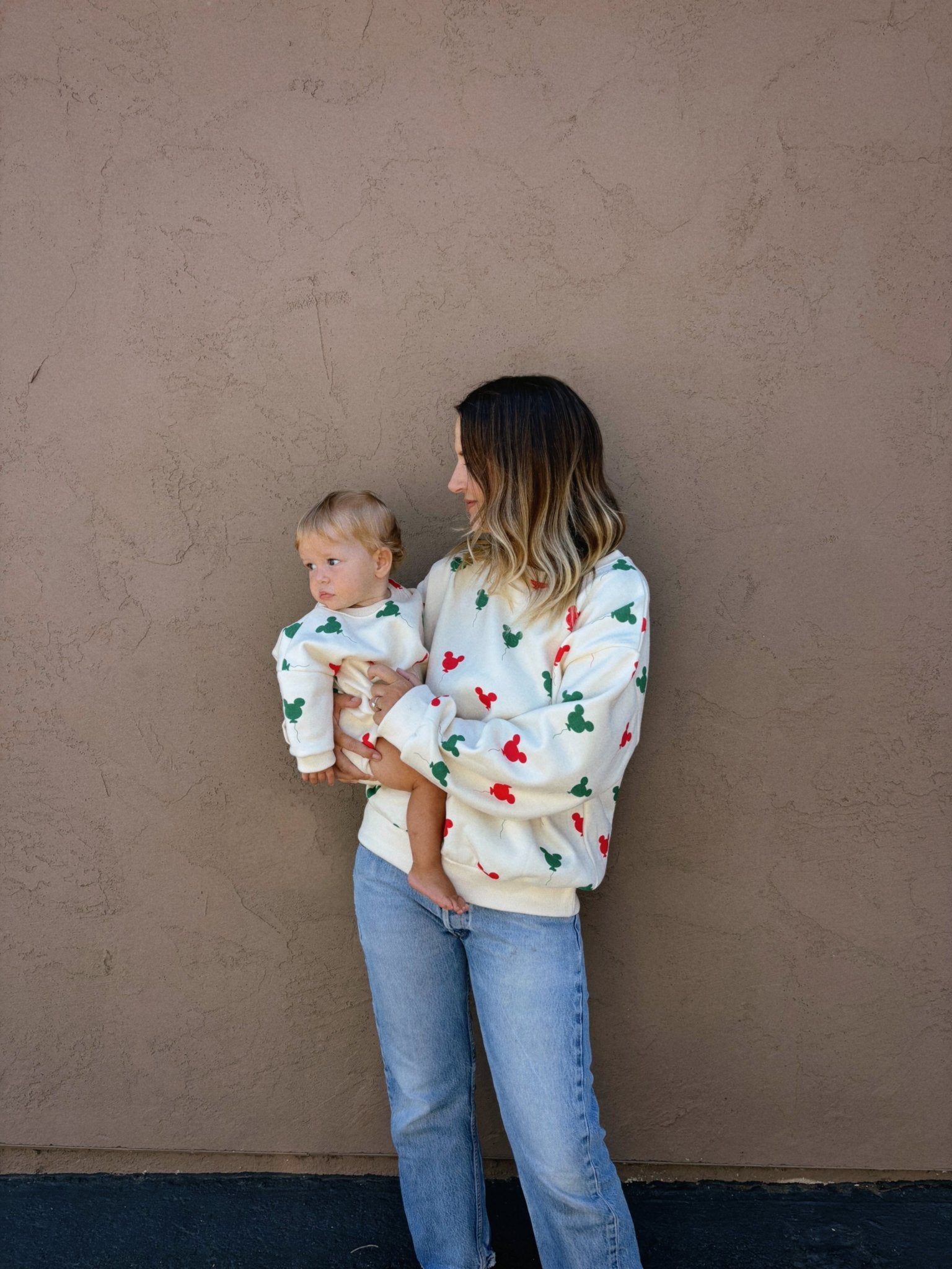 Adult Holiday Mickey Balloon Print Brushed Cotton Sweatshirt - Cream kids outfit