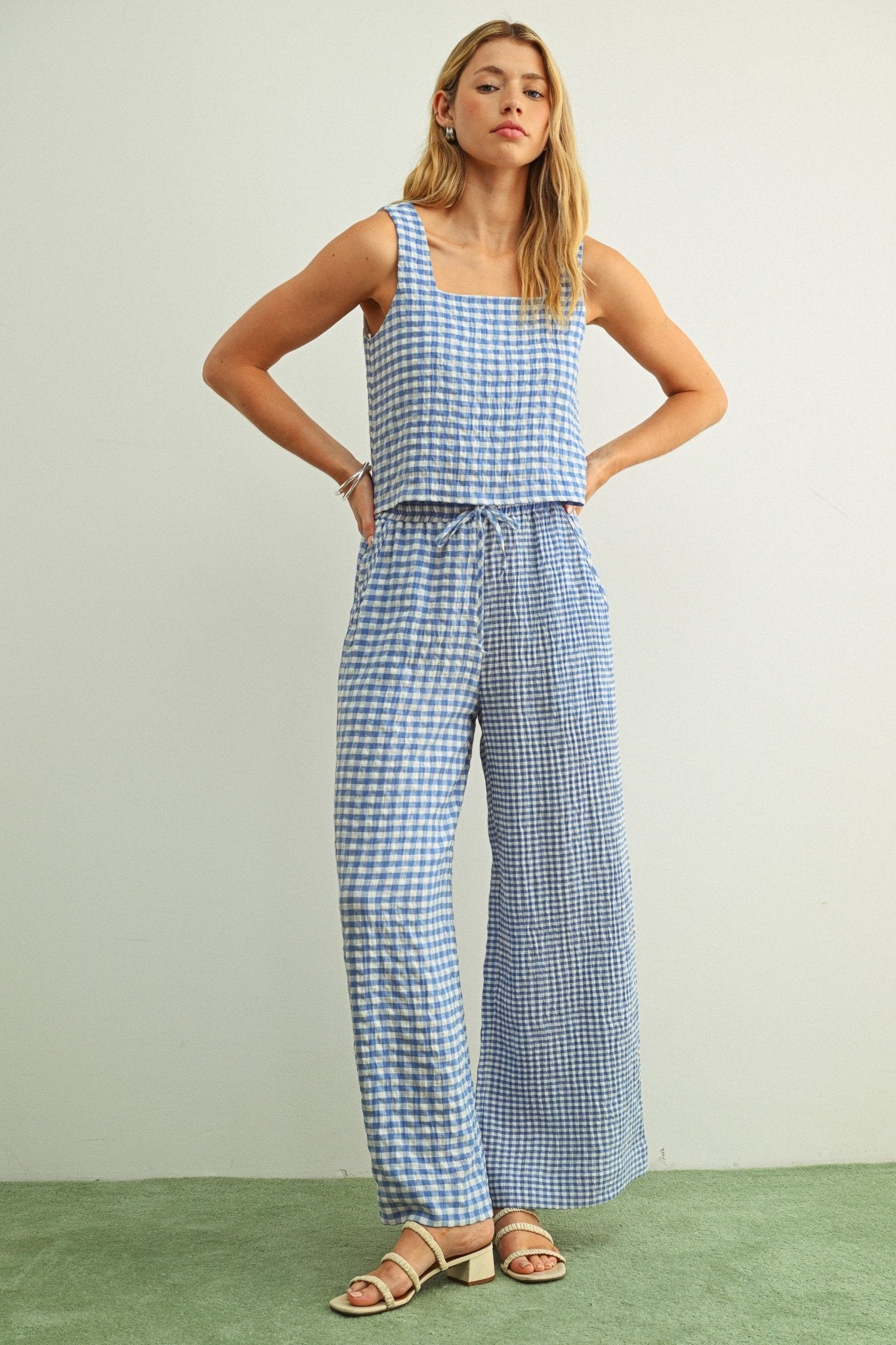 Adult SP26 Mixed Gingham Straight Pants - Blue - AT NOON STORE