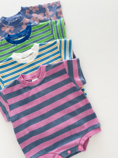 At Noon Baby Terry Cloth Stripe T-shirt Romper (3 - 18m) - Pink Stripe kids outfit
