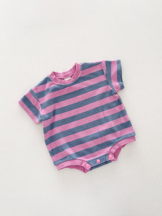 At Noon Baby Terry Cloth Stripe T-shirt Romper (3 - 18m) - Pink Stripe kids outfit