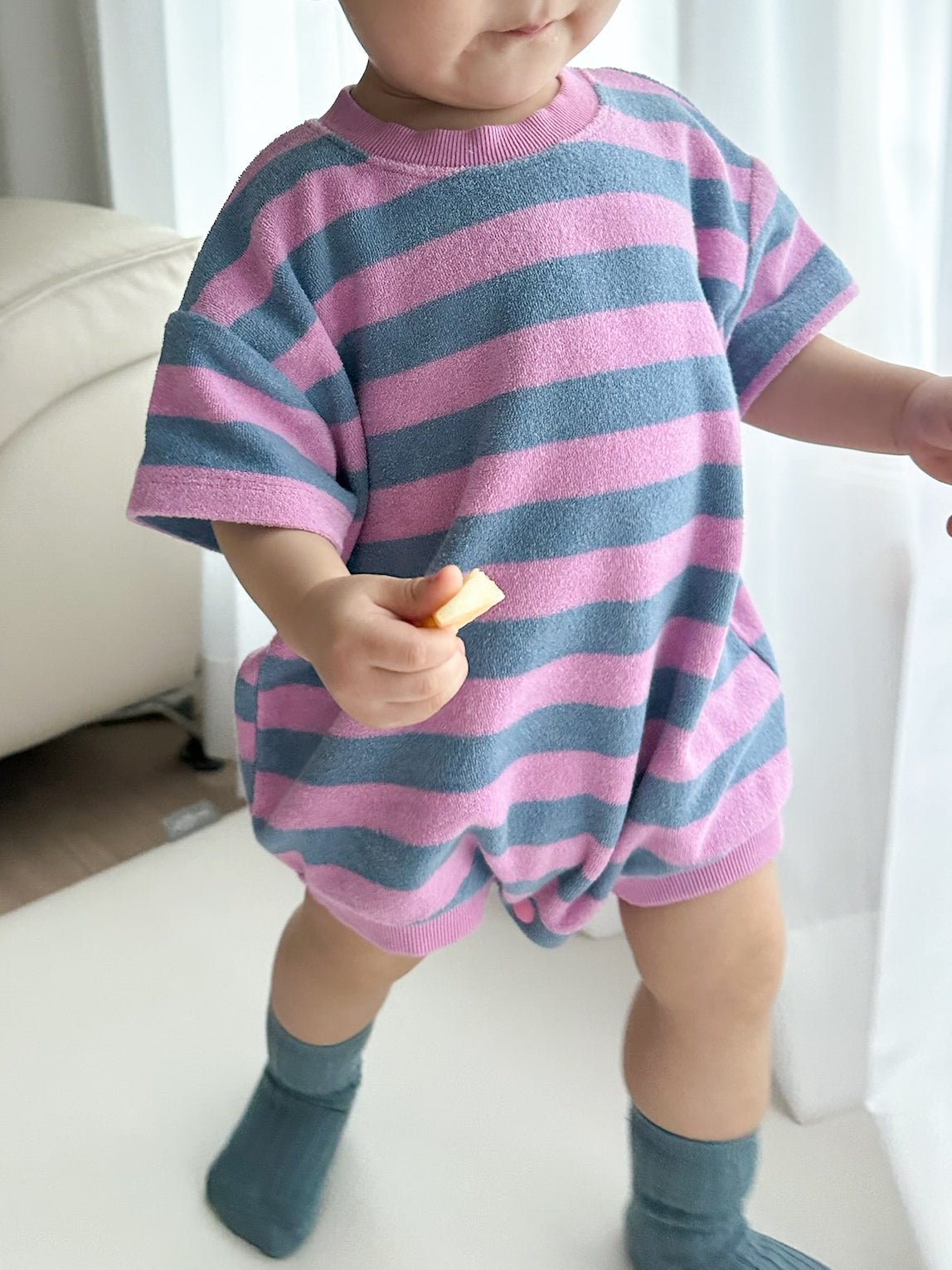 At Noon Baby Terry Cloth Stripe T-shirt Romper (3 - 18m) - Pink Stripe kids outfit
