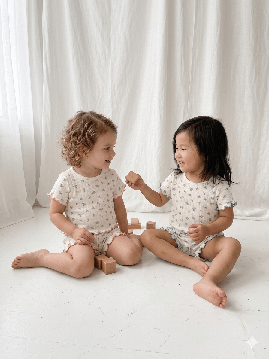At Noon Baby/Kids Floral Pointelle Lettuce Edge T-Shirt and Shorts Set (6m - 7y) - 2 Colors kids outfit