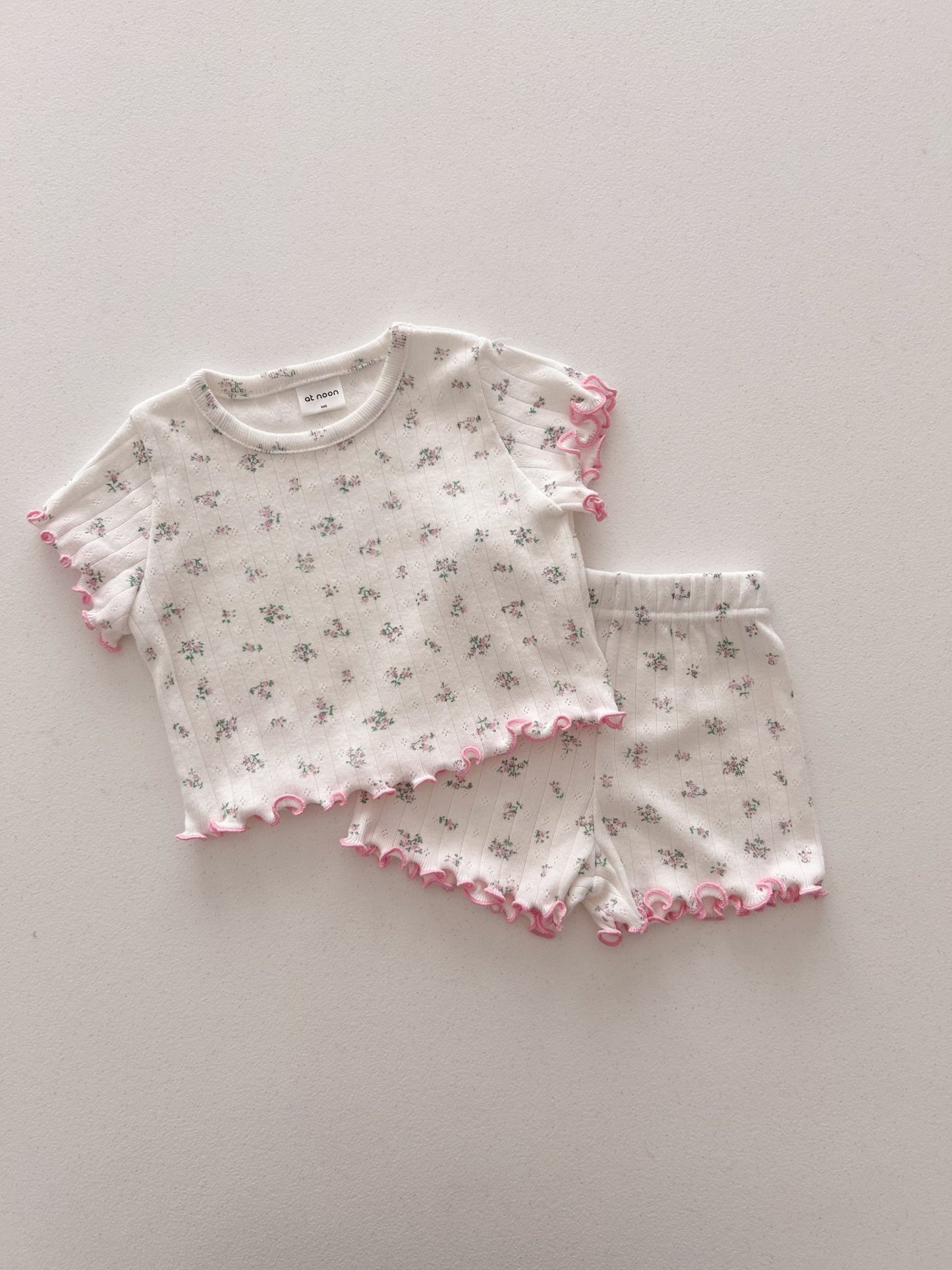 At Noon Baby/Kids Floral Pointelle Lettuce Edge T-Shirt and Shorts Set (6m - 7y) - 2 Colors kids outfit