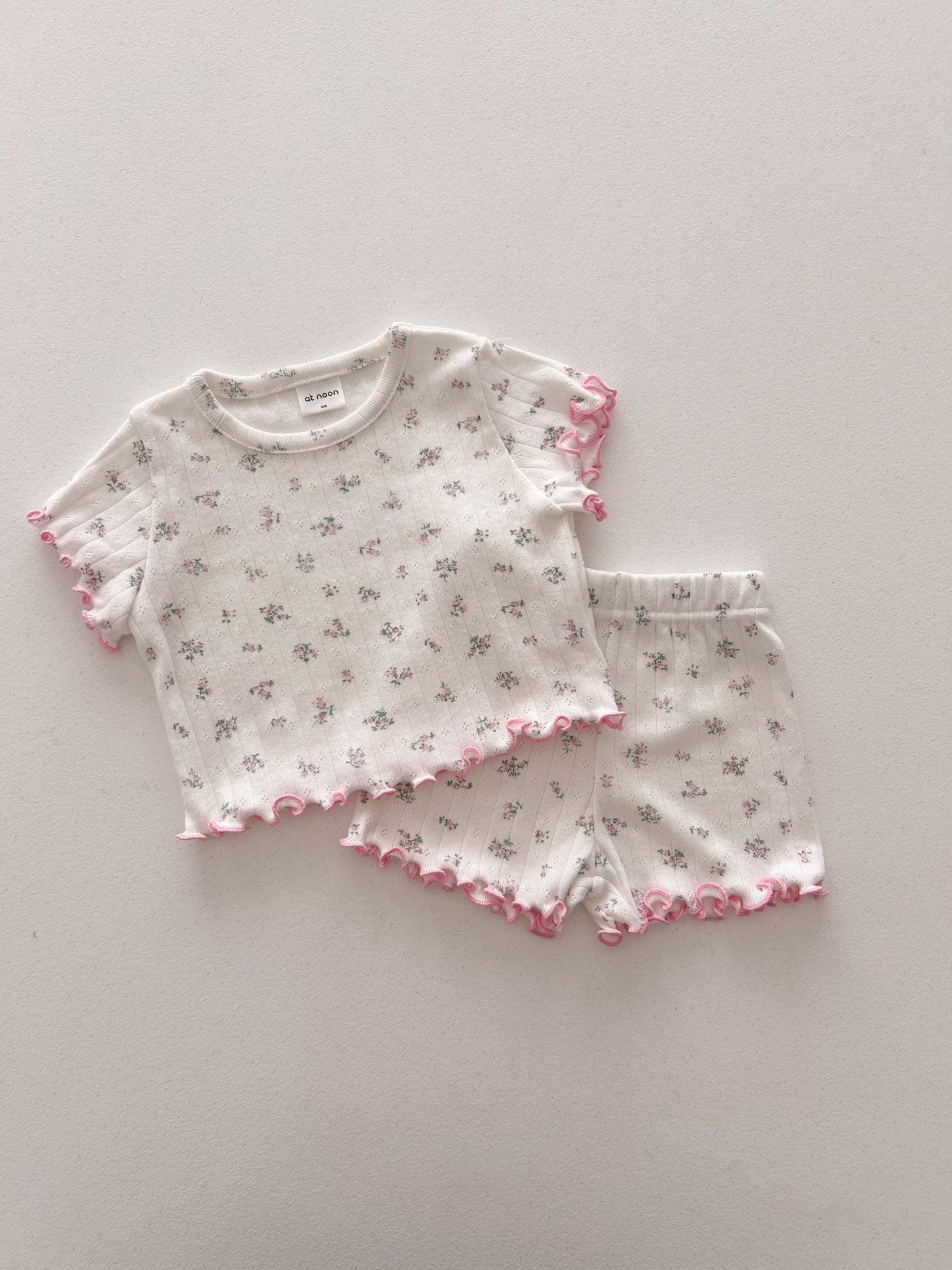 At Noon Baby/Kids Floral Pointelle Lettuce Edge T-Shirt and Shorts Set (6m - 7y) - 2 Colors kids outfit