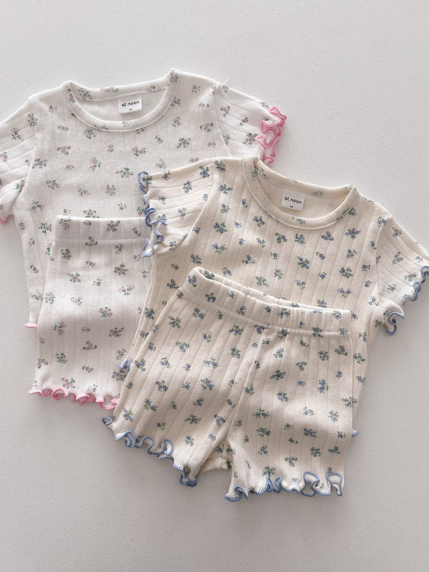At Noon Baby/Kids Floral Pointelle Lettuce Edge T-Shirt and Shorts Set (6m - 7y) - 2 Colors kids outfit