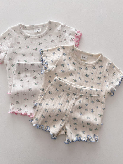 At Noon Baby/Kids Floral Pointelle Lettuce Edge T-Shirt and Shorts Set (6m - 7y) - 2 Colors kids outfit