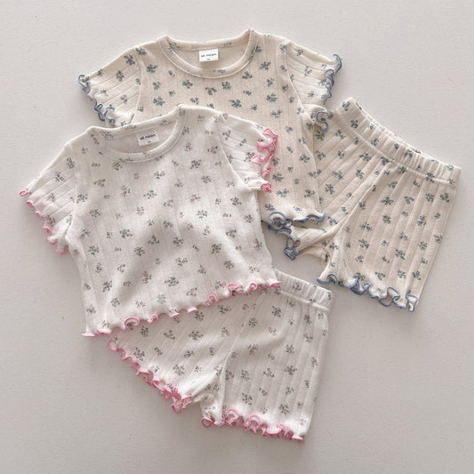 At Noon Baby/Kids Floral Pointelle Lettuce Edge T-Shirt and Shorts Set (6m - 7y) - 2 Colors kids outfit