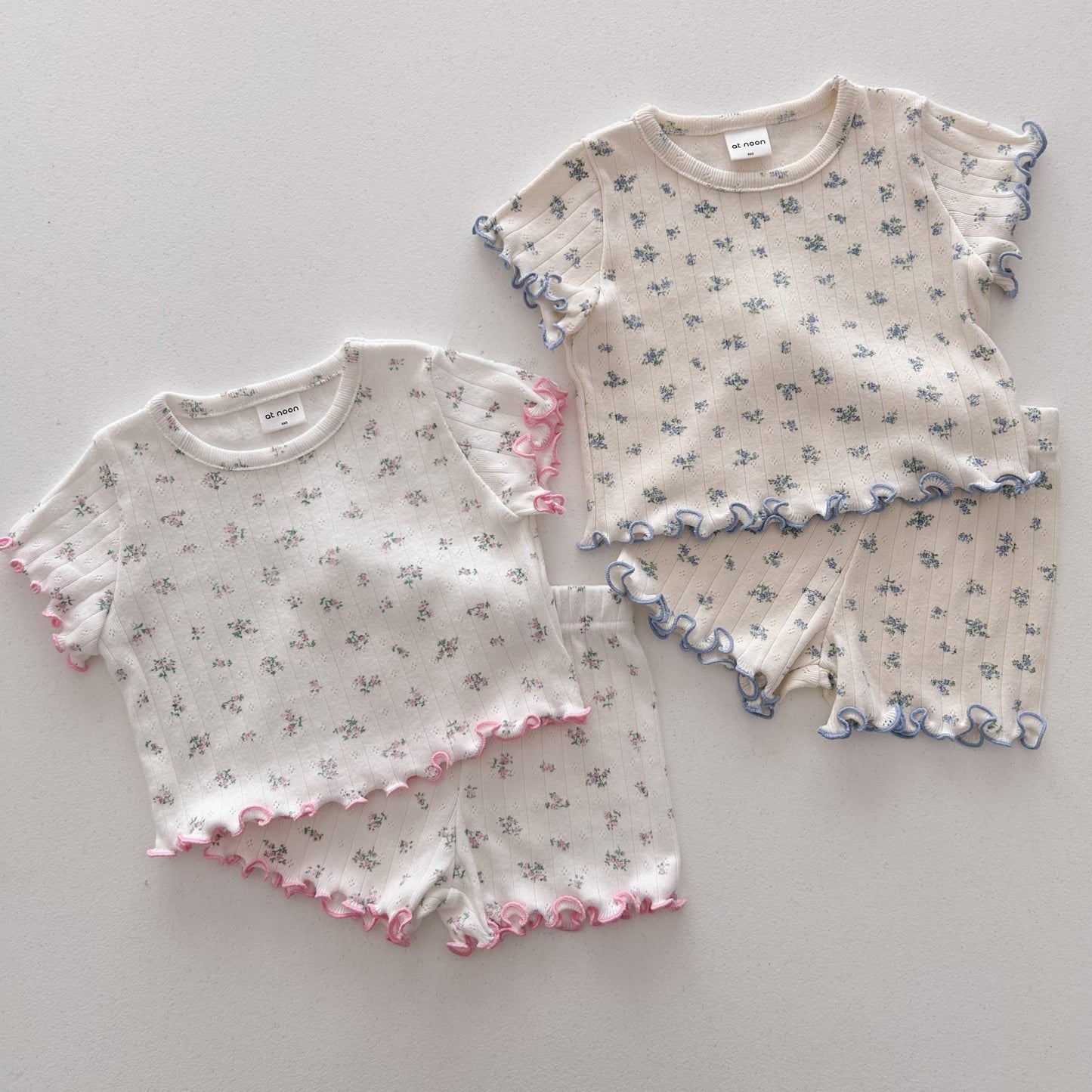 At Noon Baby/Kids Floral Pointelle Lettuce Edge T-Shirt and Shorts Set (6m - 7y) - 2 Colors kids outfit