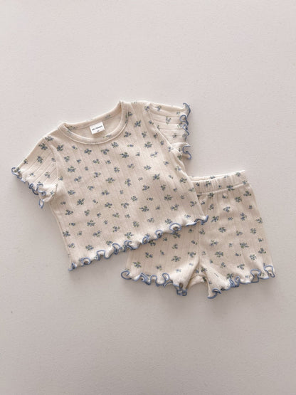 At Noon Baby/Kids Floral Pointelle Lettuce Edge T-Shirt and Shorts Set (6m - 7y) - 2 Colors kids outfit