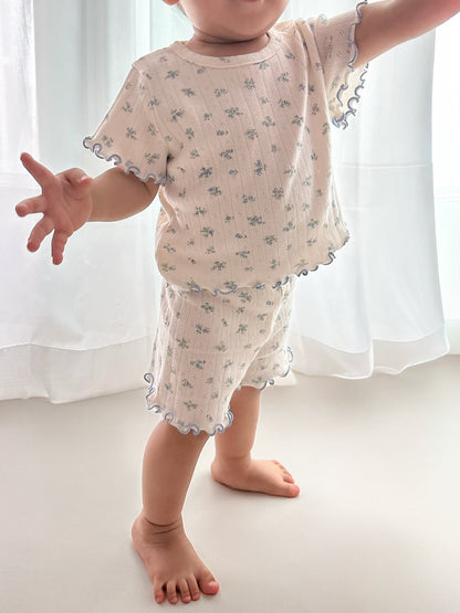 At Noon Baby/Kids Floral Pointelle Lettuce Edge T-Shirt and Shorts Set (6m - 7y) - 2 Colors kids outfit