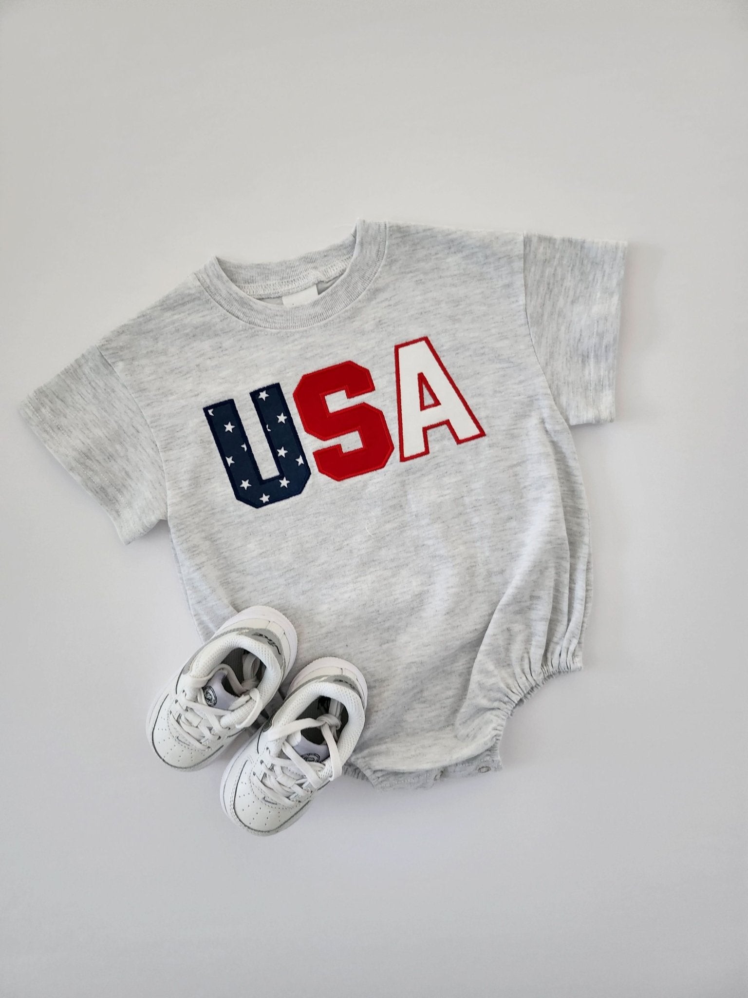 [At Noon Exclusive] Baby Original USA Embroidery T-Shirt Romper (0 - 18m) - Light Heather Gray kids outfit