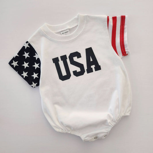 [At Noon Exclusive] Baby Original USA Print Stars and Stripes Sleeve T-Shirt Romper (0 - 18m) - Ivory kids outfit