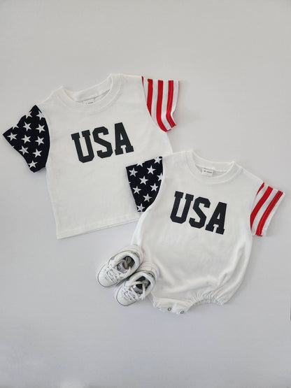 [At Noon Exclusive] Baby Original USA Print Stars and Stripes Sleeve T-Shirt Romper (0 - 18m) - Ivory kids outfit