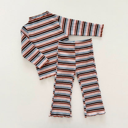 [At Noon Exclusive] Kids Cozy Ribbed Muti Stripe Lettuce - edge Flare Pants (6m - 6y) - Stripe kids outfit