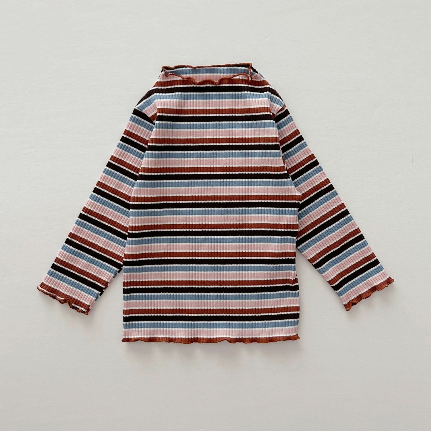 [At Noon Exclusive] Kids Cozy Ribbed Muti Stripe Lettuce - edge Top (6m - 6y) - Stripe kids outfit