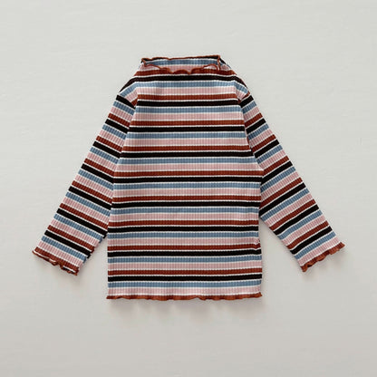 [At Noon Exclusive] Kids Cozy Ribbed Muti Stripe Lettuce - edge Top (6m - 6y) - Stripe kids outfit