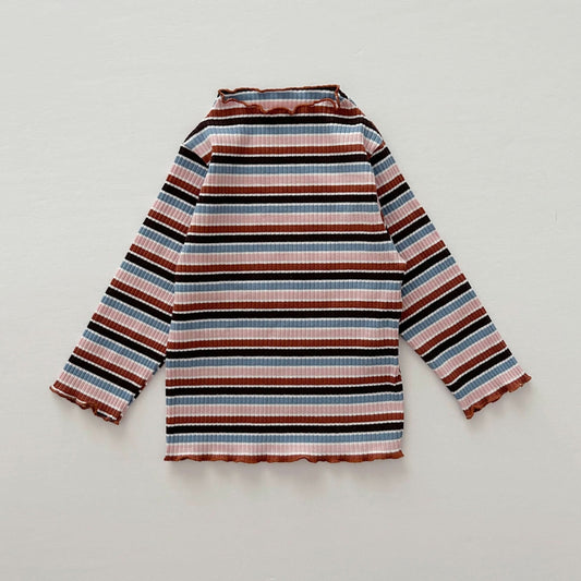[At Noon Exclusive] Kids Cozy Ribbed Muti Stripe Lettuce - edge Top (6m - 6y) - Stripe kids outfit
