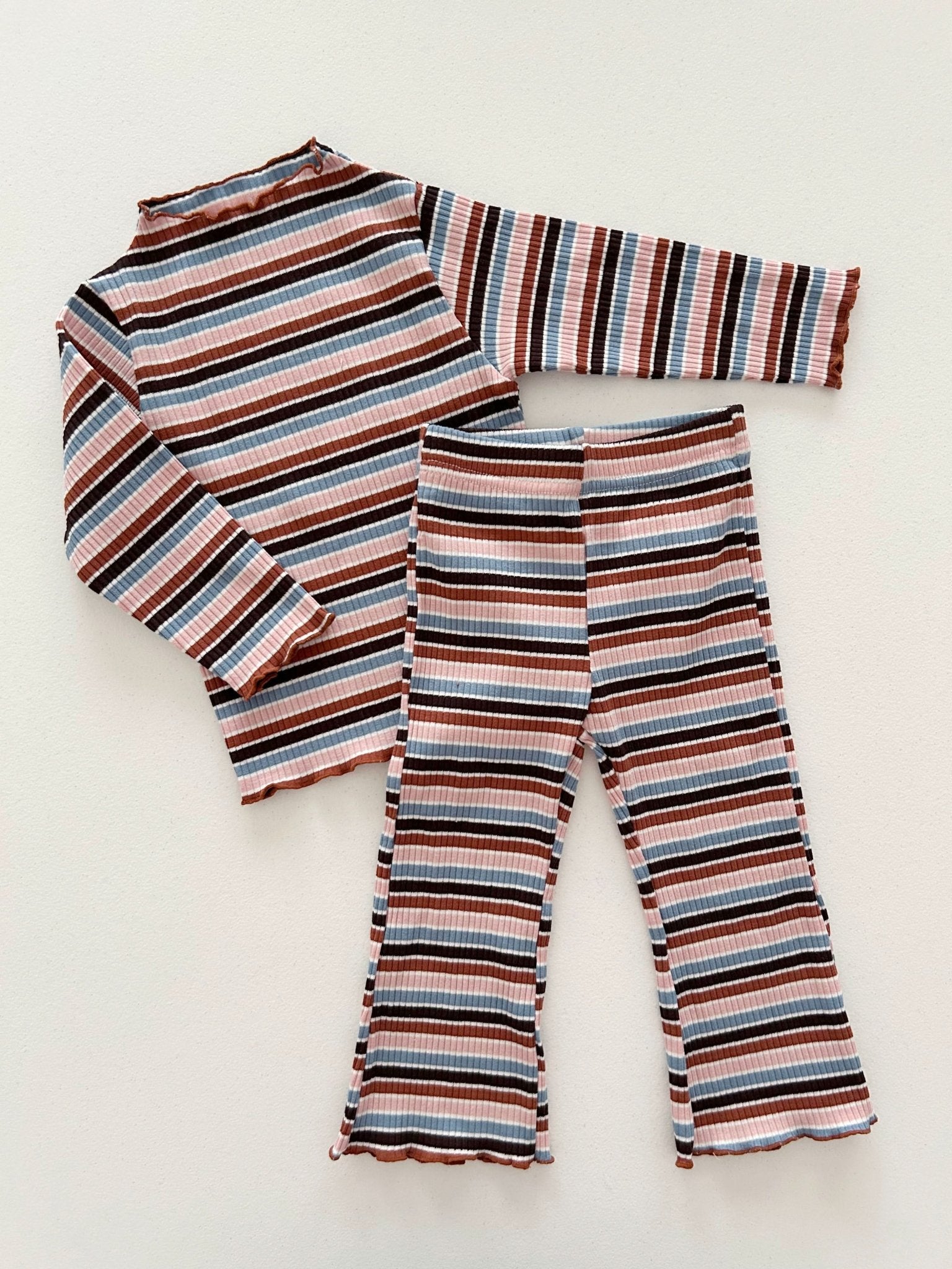 [At Noon Exclusive] Kids Cozy Ribbed Muti Stripe Lettuce - edge Top (6m - 6y) - Stripe kids outfit