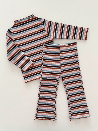 [At Noon Exclusive] Kids Cozy Ribbed Muti Stripe Lettuce - edge Top (6m - 6y) - Stripe kids outfit