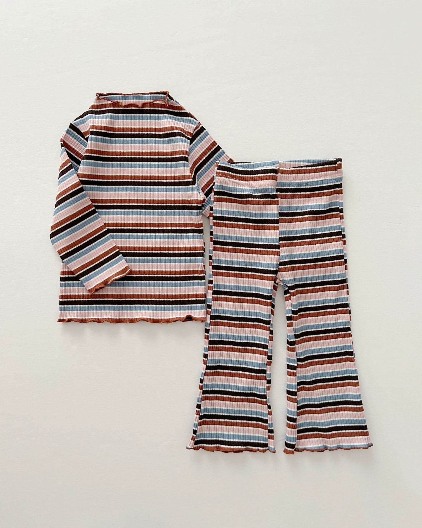 [At Noon Exclusive] Kids Cozy Ribbed Muti Stripe Lettuce - edge Top (6m - 6y) - Stripe kids outfit