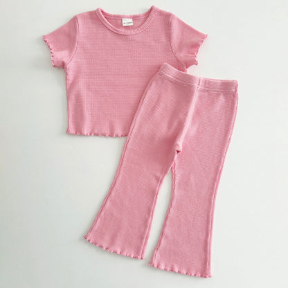 [At Noon Exclusive] Kids Cozy Waffle Lettuce - edge Flare Pants (1 - 7y) - Pink kids outfit