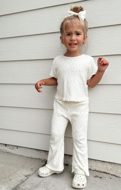 [At Noon Exclusive] Kids Cozy Waffle Lettuce - edge Flare Pants (1 - 7y) - Pink kids outfit
