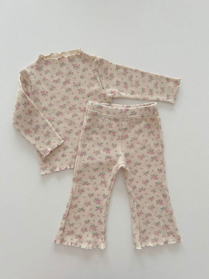[At Noon Exclusive] Kids Cozy Waffle Lettuce - edge Top (6m - 6y) - Pink Floral kids outfit