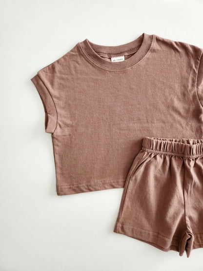 [At Noon Exclusive] Kids Muscle T-Shirt and Shorts Set(3m - 5y) - Brown kids outfit