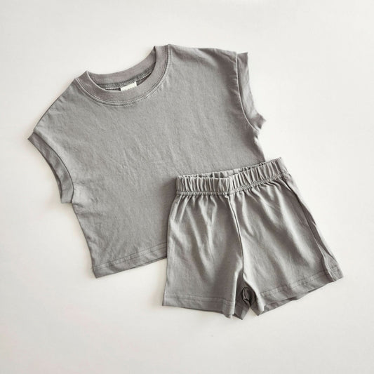 [At Noon Exclusive] Kids Muscle T-Shirt and Shorts Set(3m - 5y) - Grey kids outfit