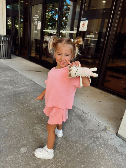 [At Noon Exclusive] Kids Waffle Lettuce - edge T-Shirt and Shorts Set (1 - 7y) - Pink kids outfit