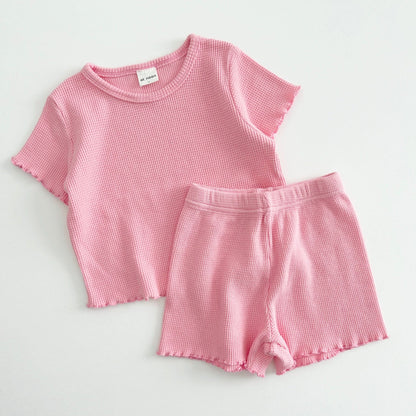 [At Noon Exclusive] Kids Waffle Lettuce - edge T-Shirt and Shorts Set (1 - 7y) - Pink kids outfit