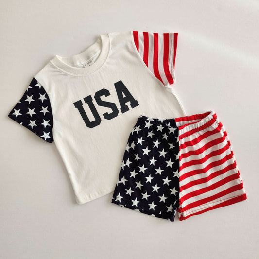 [At Noon Exclusive] Toddler Original USA Print Stars and Stripes Sleeve T-Shirt and Shorts Set(1 - 5y) kids outfit