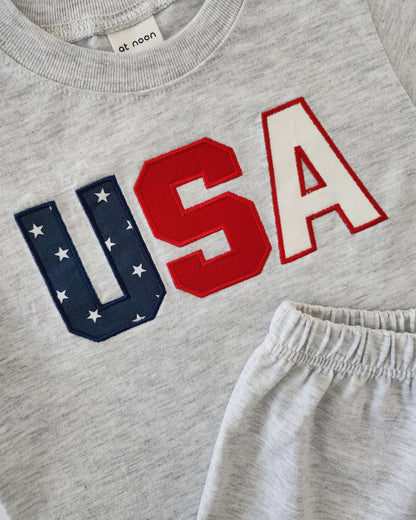 [At Noon Exclusive]Toddler Original USA Embroidery T-Shirt and Shorts Set(1-5y) - Light Heather Gray kids outfit