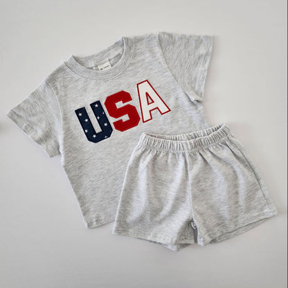 [At Noon Exclusive]Toddler Original USA Embroidery T-Shirt and Shorts Set(1-5y) - Light Heather Gray kids outfit