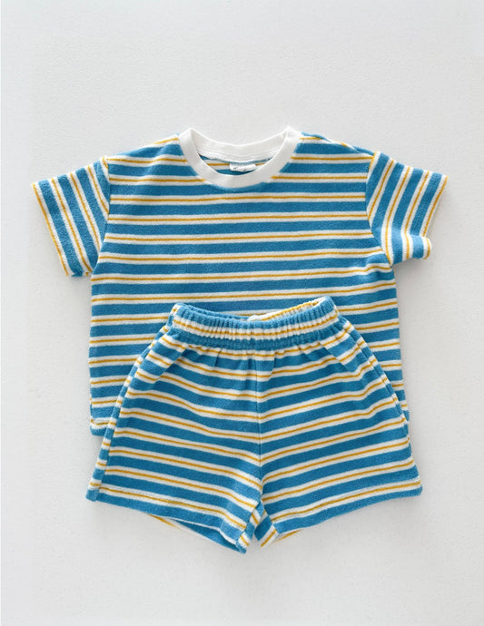 At Noon Kids Stripe Terry Cloth Short Sleeve Top and Shorts Set (6m - 7y) - Blue kids outfit