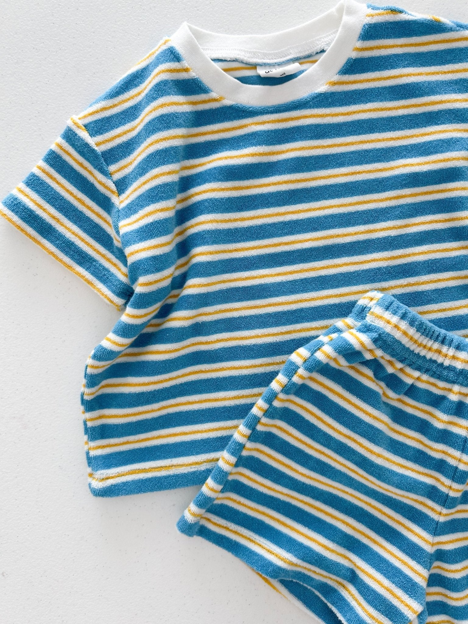 At Noon Kids Stripe Terry Cloth Short Sleeve Top and Shorts Set (6m - 7y) - Blue kids outfit