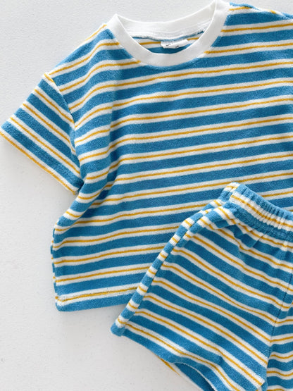 At Noon Kids Stripe Terry Cloth Short Sleeve Top and Shorts Set (6m - 7y) - Blue kids outfit