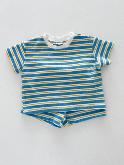 At Noon Kids Stripe Terry Cloth Short Sleeve Top and Shorts Set (6m - 7y) - Blue kids outfit