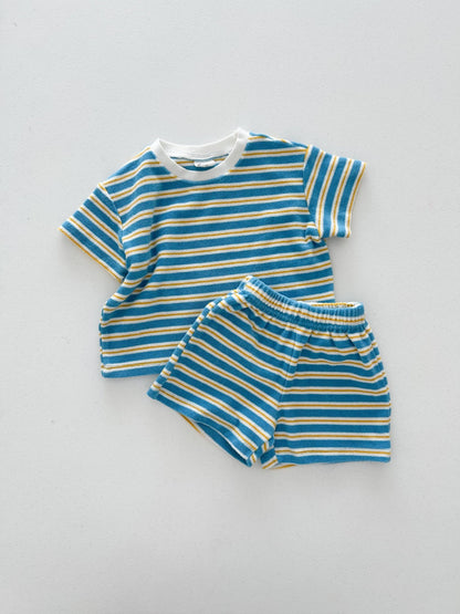 At Noon Kids Stripe Terry Cloth Short Sleeve Top and Shorts Set (6m - 7y) - Blue kids outfit