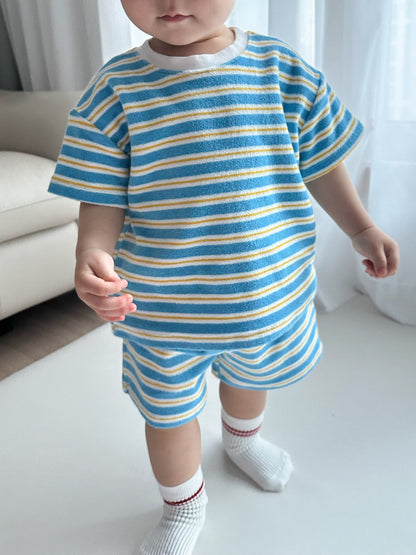 At Noon Kids Stripe Terry Cloth Short Sleeve Top and Shorts Set (6m - 7y) - Blue kids outfit