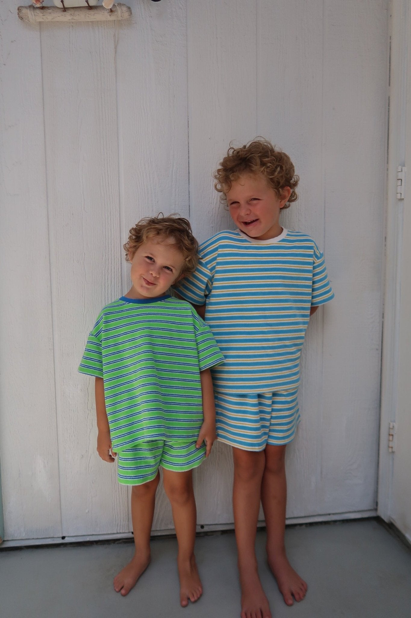 At Noon Kids Stripe Terry Cloth Short Sleeve Top and Shorts Set (6m - 7y) - Green kids outfit