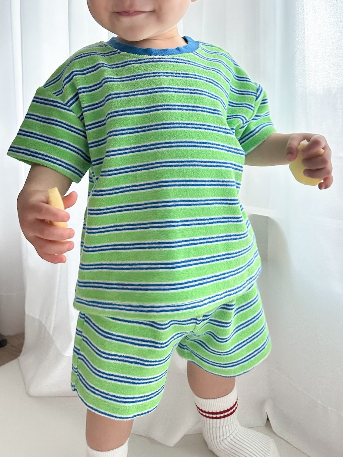 At Noon Kids Stripe Terry Cloth Short Sleeve Top and Shorts Set (6m - 7y) - Green kids outfit