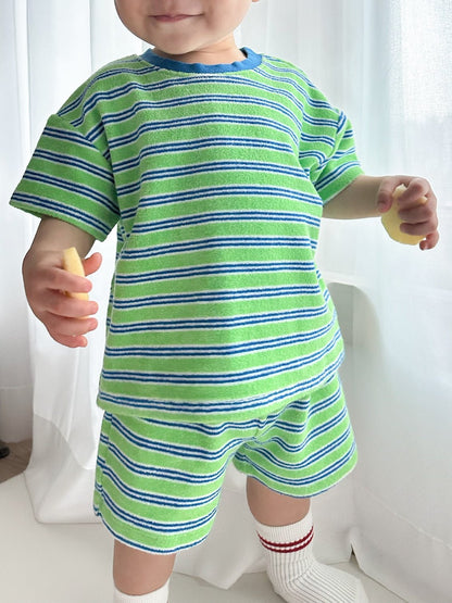 At Noon Kids Stripe Terry Cloth Short Sleeve Top and Shorts Set (6m - 7y) - Green kids outfit