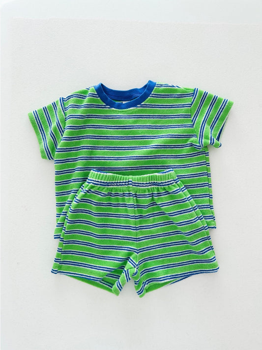 At Noon Kids Stripe Terry Cloth Short Sleeve Top and Shorts Set (6m - 7y) - Green kids outfit
