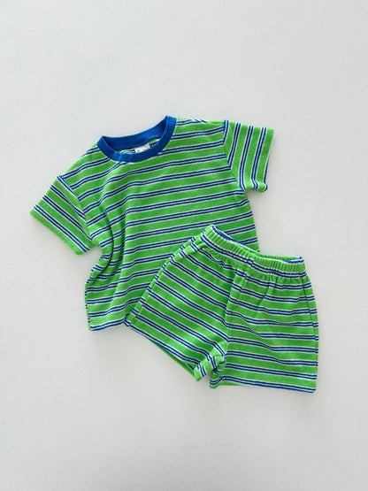 At Noon Kids Stripe Terry Cloth Short Sleeve Top and Shorts Set (6m - 7y) - Green kids outfit