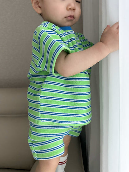 At Noon Kids Stripe Terry Cloth Short Sleeve Top and Shorts Set (6m - 7y) - Green kids outfit