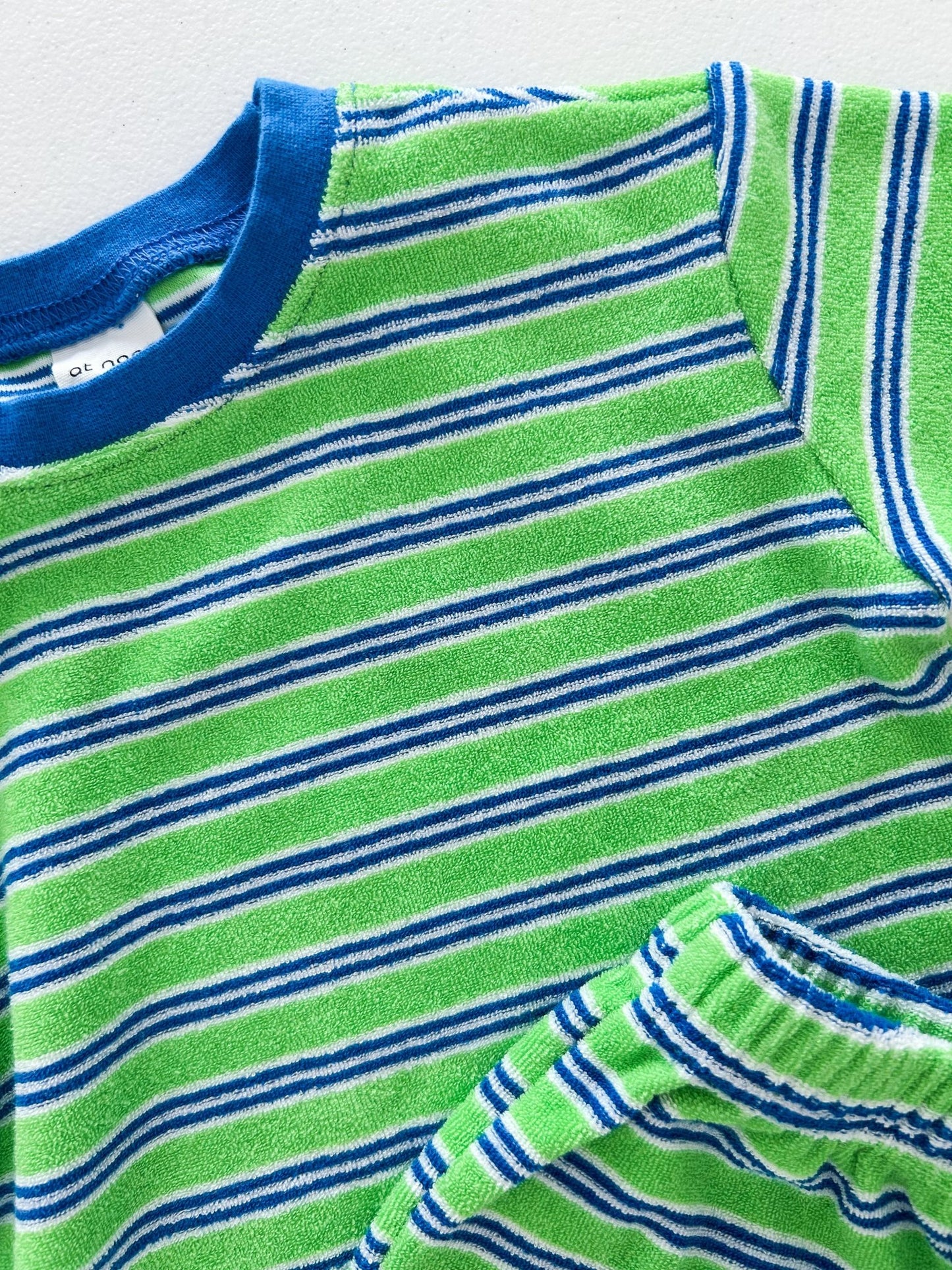 At Noon Kids Stripe Terry Cloth Short Sleeve Top and Shorts Set (6m - 7y) - Green kids outfit