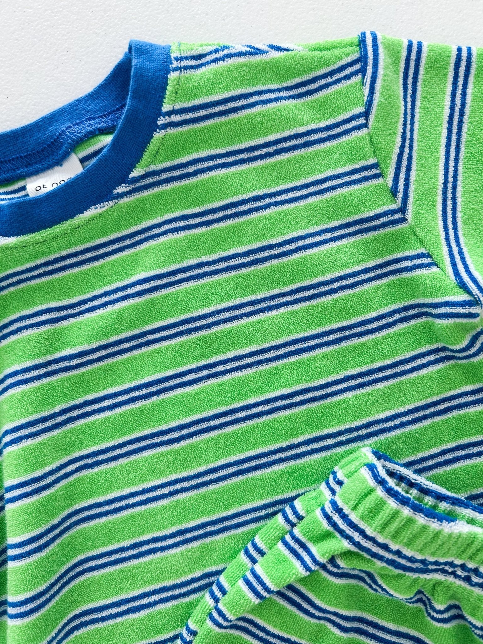 At Noon Kids Stripe Terry Cloth Short Sleeve Top and Shorts Set (6m - 7y) - Green kids outfit