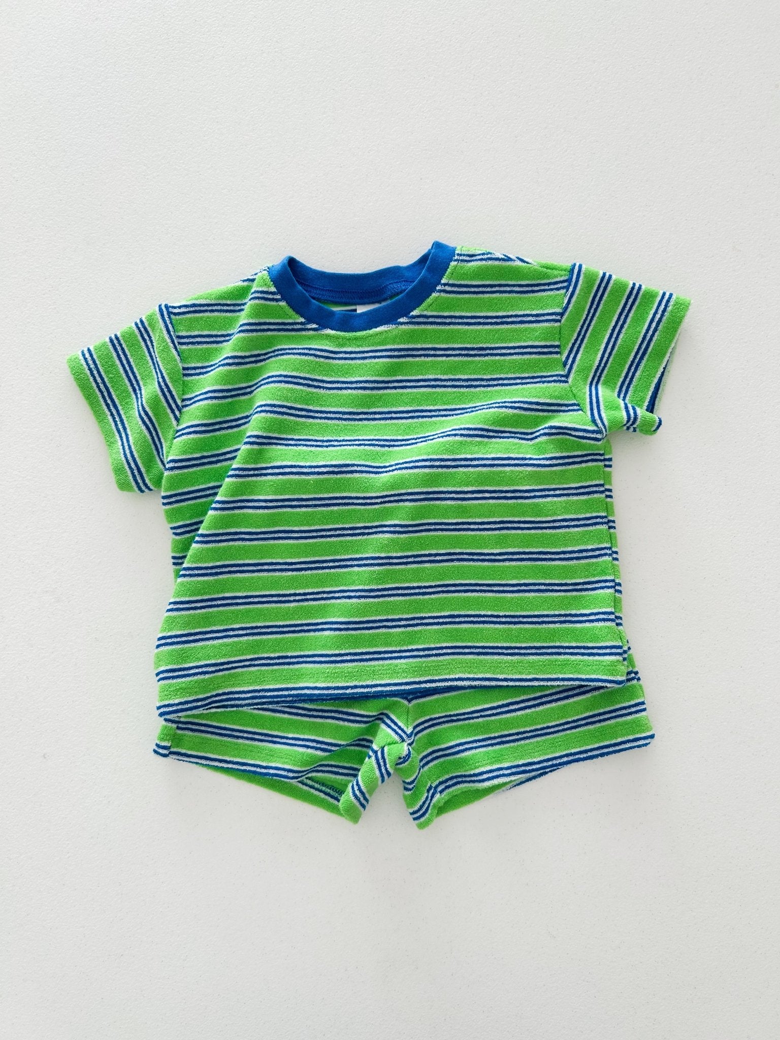 At Noon Kids Stripe Terry Cloth Short Sleeve Top and Shorts Set (6m - 7y) - Green kids outfit