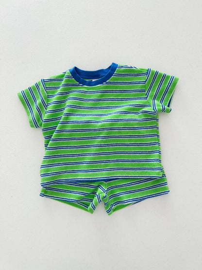 At Noon Kids Stripe Terry Cloth Short Sleeve Top and Shorts Set (6m - 7y) - Green kids outfit